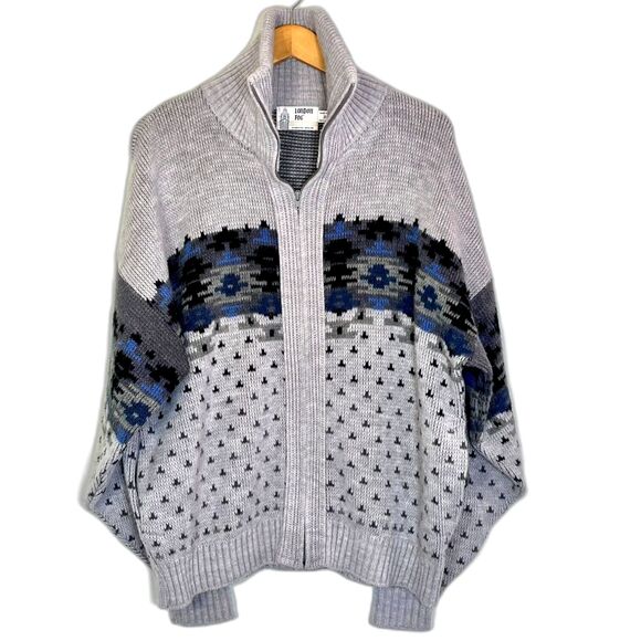 London Fog Sweaters - Women’s Southwest Aztec Size 2X Gray Cardigan Zip Sweater Pockets USA